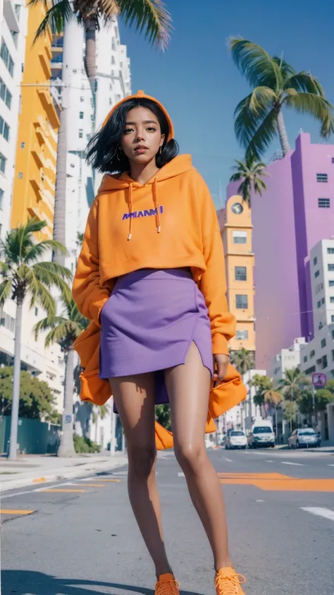 1 girl, beautiful, ultra high resolution,UHD ,black bob hair, almond eye, no makeup,looking camera, wear ((oversized orange hoodie)) (purple tennis skirt), walking pose ((8th Street Designer District Miami)),(from below:1.2), (realistic:1.1), (surreal:1.2)...