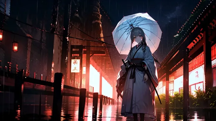 Highest quality, woman, warrior, sad, carry a sword, Japanese Umbrella, Tears, Are standing, Recall, Semi-long gray hair, Silver Eyes, sanpaku, Pale skin, expensive, Japanese clothes, 20-year-old, Japanese, sad場面, At night, outside, In the rain