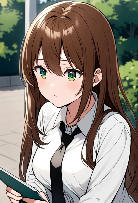 An anime girl with long brown hair, green eyes, dressed in a  of white shirt and black tie and has a notebook because she is deaf