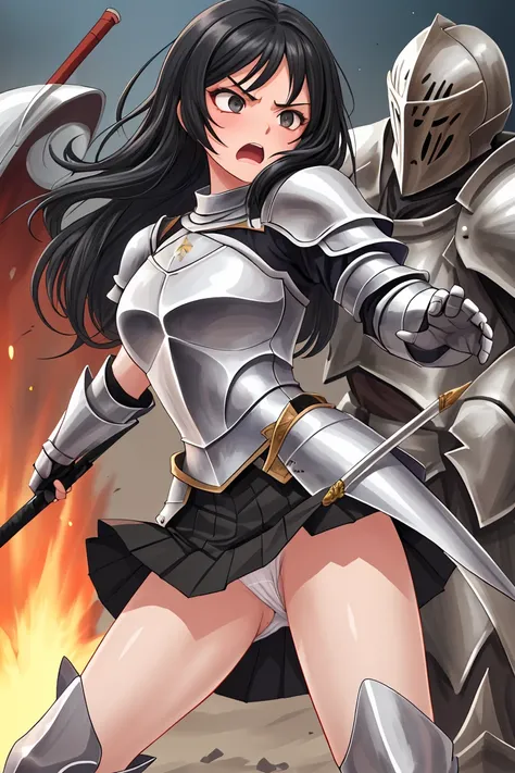 female knight　Black Hair　armor　mini skirt　Panty shot　White underwear　battlefield　anger