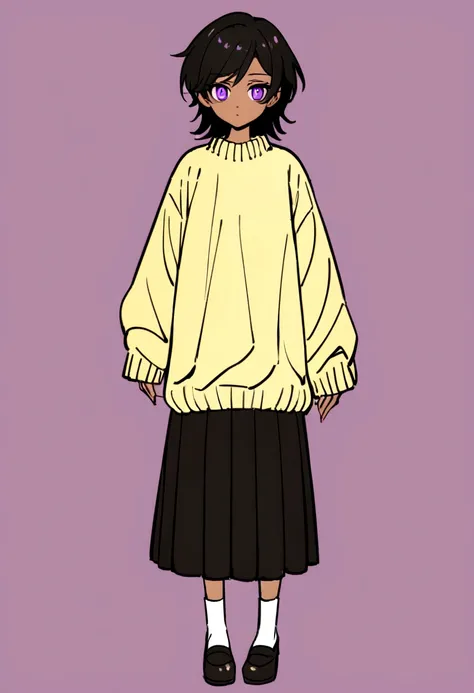 young black androgynous person with purple eyes, feminine figure, female and yellowish sweater, visual novel style view, full body in frame, solid background