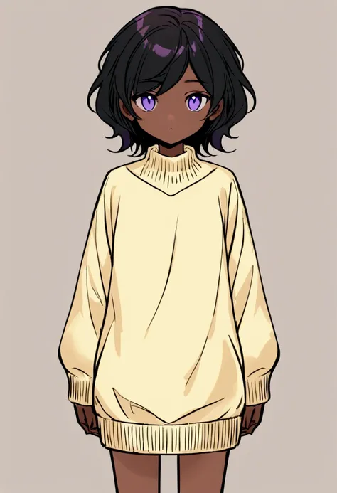 young black androgynous person with purple eyes, feminine figure, female and yellowish sweater, visual novel style view, full body in frame, solid background