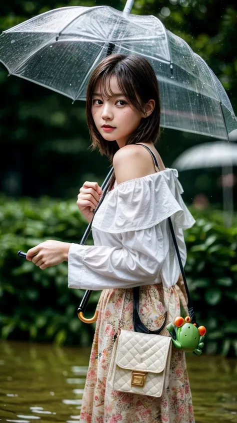 girl holding an umbrella、portrait、frog on shoulder