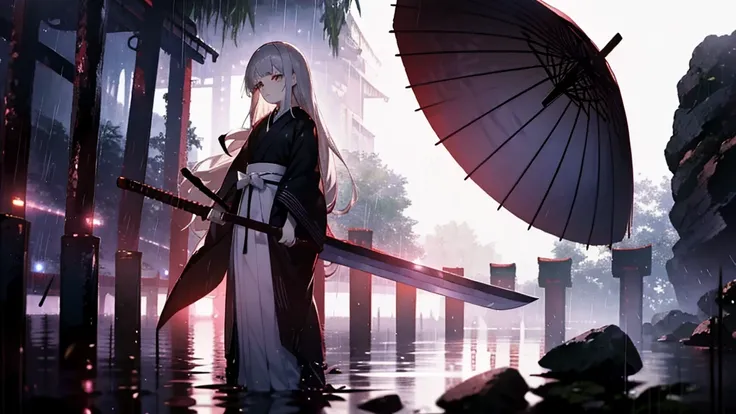 Highest quality, woman, warrior, sad, carry a sword, Holding a Japanese umbrella, Tears, Are standing, Recall, Semi-long gray hair, Silver Eyes, sanpaku, Pale skin, expensive, Japanese clothes, 20-year-old, Japanese, sad場面, At night, outside, In the rain