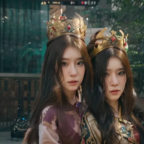 there are two women wearing tiables and crowns in a video game, ingame image, 8 k character details, trending on cgstation, <mmorpgs scene, close up character, in-game, in - game, with very highly detailed face, wlop loish and clamp style, inspired by Sim ...