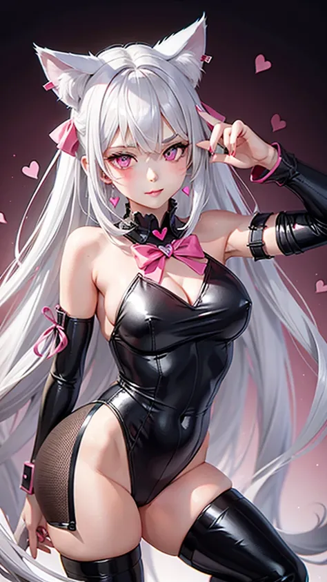 Silver hair, pink eyes, body, cat ears, sexy girl, earrings, heart background fantasy, red uniform, hair bow