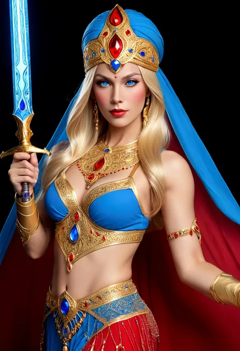 she-ra with blue turban headdress，she&#39;s wearing a belly dancing skirt，，golden boots，and long golden wrist guards that extend...