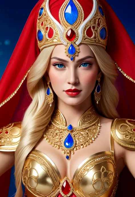 She-Ra with blue turban headdress，She&#39;s wearing a belly dancing skirt，，Golden boots，and long golden wrist guards that extend from the elbow to the wrist。Long blond hair，blue eyes and red lips。 She holds a laser sword，A red veil inlaid with crystals cov...