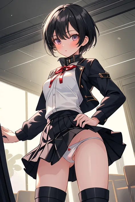 female knight　Black Hair　mini skirt　Panty shot　White underwear　battlefield