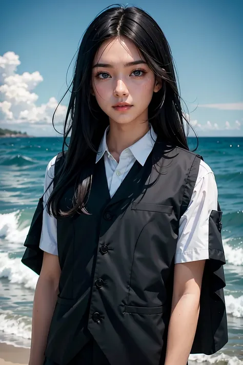 a young man with long black hair and a vest on standing in front of the ocean with a blue sky, (1girl:0.955), (bangs:0.575), (black eyes:0.572), (black hair:0.709), (blue sky:0.985), (closed mouth:0.536), (cloud:0.927), (day:0.980), (horizon:0.816), (japan...