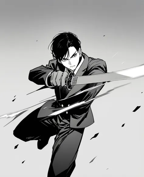 yuto-sano, 1boy, kaneki, black hair, black suit, white shirt, armor,  elegant, monochrome, solo, greyscale, male focus, looking ...