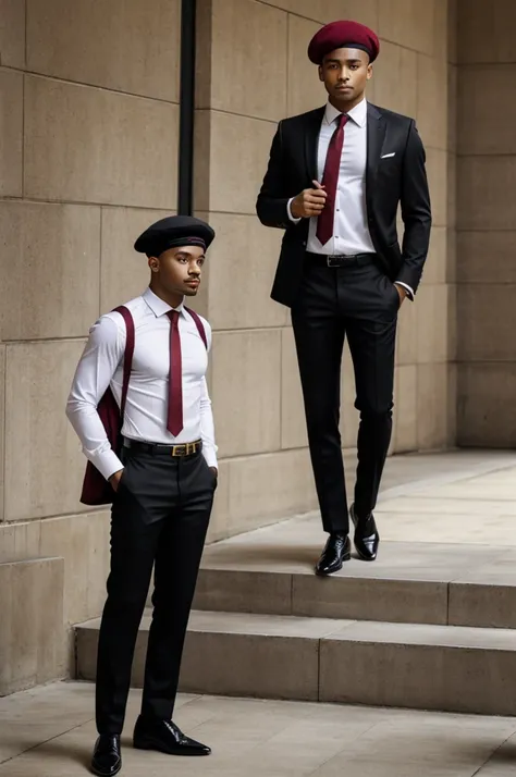 Man in tight white shirt, black dress shoes, black pants, red wine tie, that has a gold button on the left chest of the shirt, posing standing and having a burgundy sailor beret on his head 
