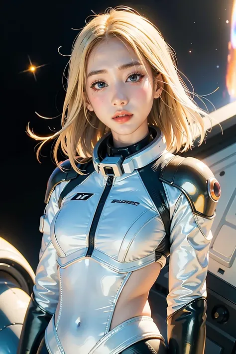 (best quality, masterpiece), 1girl, pose, particle, wind, flower, upper body, simple background, looking at viewer, blonde, galaxy, space suit, 