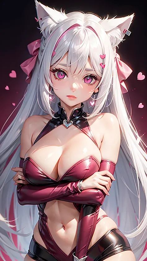 Silver hair, pink eyes, body, cat ears, sexy girl, earrings, heart background fantasy, red pink uniform, hair bow