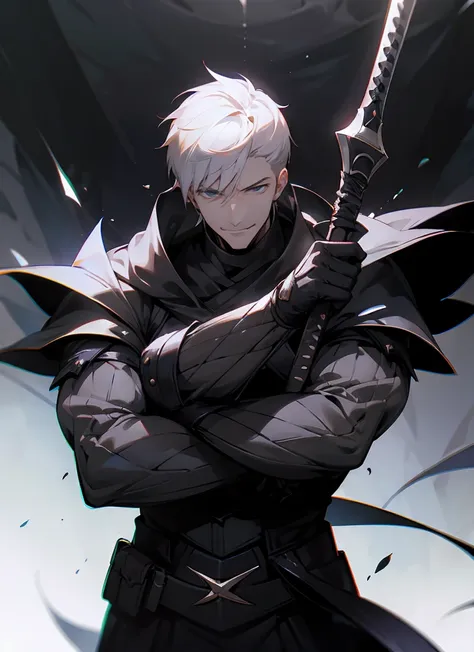 1 , handsome fashion hair,dark hair highlightwhite, fanstasy, smile face, male ,fantasy, reaper, hunter with blackshortsword, villian face, black armor , darkness wolrd, bad