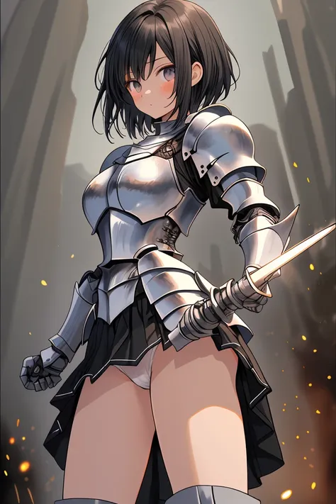 female knight　Black Hair　mini skirt　White underwear　battlefield