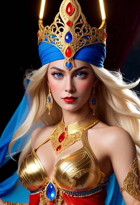 She-Ra with blue turban headdress，She&#39;s wearing a belly dancing skirt，，Golden boots，and long golden wrist guards that extend from the elbow to the wrist。Long blond hair，blue eyes and red lips。 She holds a laser sword，A red veil with crystals in the mid...