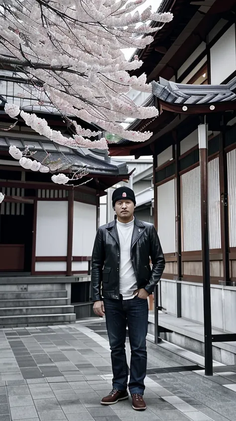 Full body long shots a handsome Indonesian man aged 35 years, wearing a beanie, shirt, scarf, leather jacket, jeans, leather shoes. With Spring in Japan, cherry blossom in full bloom, Kaigan Street background, underexposed cinematic 3D matte paint render. 