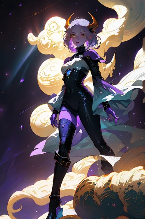 Full body, A beautiful dragon humanoid woman with space white hair highlights fading into dark blue and purple hair, night sky hair, blurple hair, Golden scales on the face and shoulders, Anime, 4k, Beautiful woman with a golden dragon tail and horns, Spac...