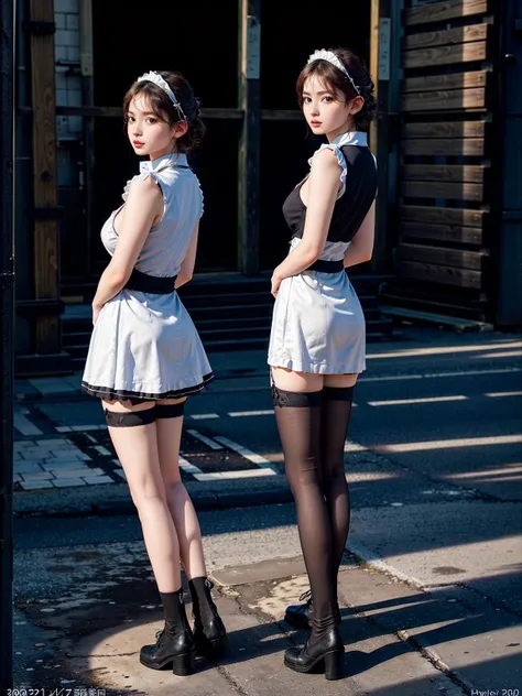 (41k4:1), masterpiece, Best Quality, 8K, Raw photo, (wearing maid uniform:1.5), top-notch quality, masterpiece, (arms behind back:1.5), (2 pretty Japanese girls), (wearing black stockings:1.2), (front view:1.5), (facing viewer:1.5), exceptionally detailed ...