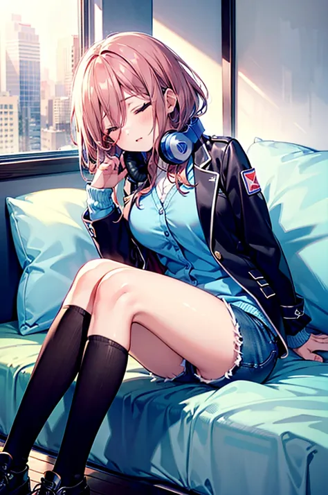 (8K, Highest quality, Highest quality, masterpiece), nm1, 1girl, headphones around neck, sleeping, blue cardigan, denim short shorts, pantyhose, black jacket, open jacket, big breasts