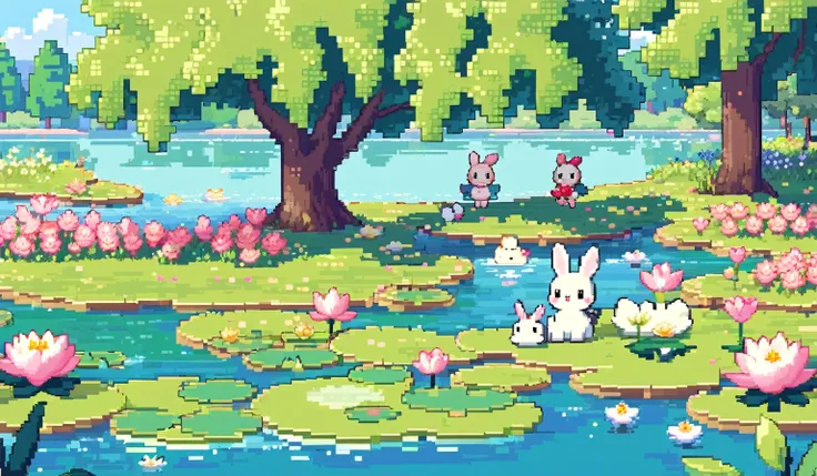 kawaii, pixel art, one cartoon bunny by the lake, lily pads, flowers, willow tree, pastel colors,