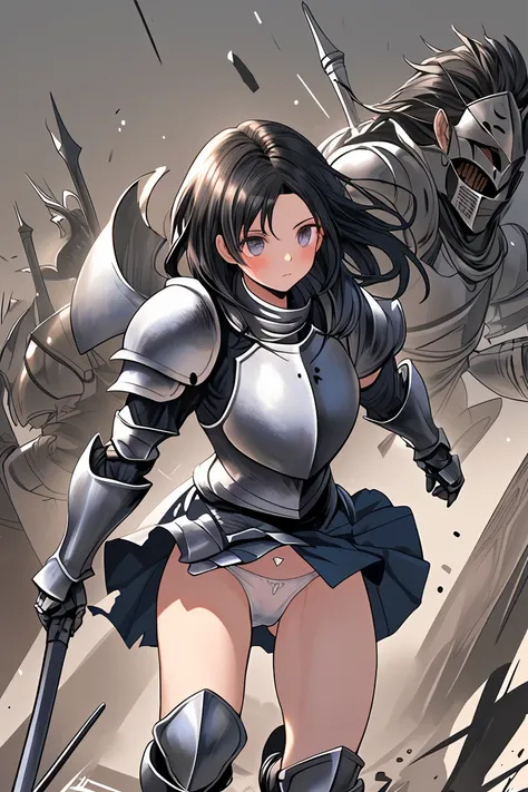 female knight　Black Hair　Cracked Armor　Torn Skirt　White underwear　battlefield