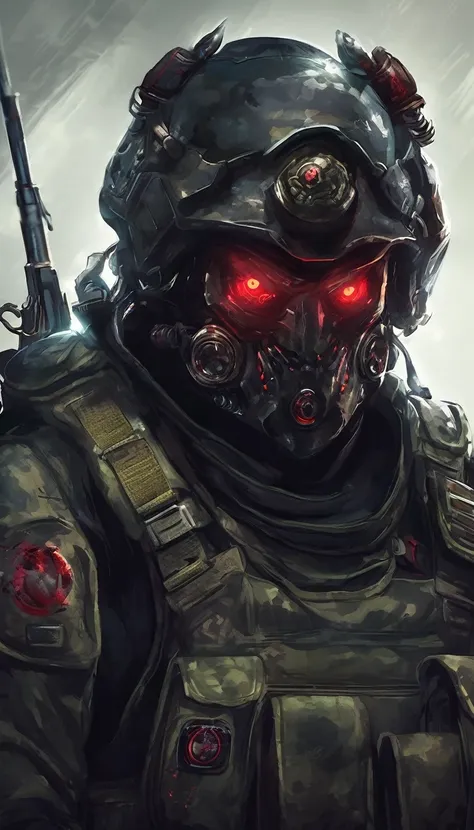 portrait of a soldier monster, with dark aura and red eyes, two eyes, dark aura, no weapons.