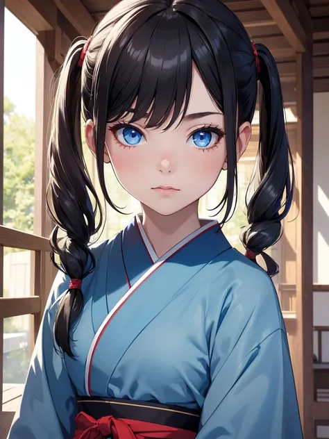 (8K, Best Quality, Masterpiece, Ultra High Resolution) 1 Girl, Teen, Young, Beautiful Eyes, Face Details, Jet Black Hair, Pigtails, Blue Eyes, Pale Skin, Blue Kimono, Traditional Japanese Home, Best Quality, Upper Body, Looking at the Viewer, Facing Viewer...