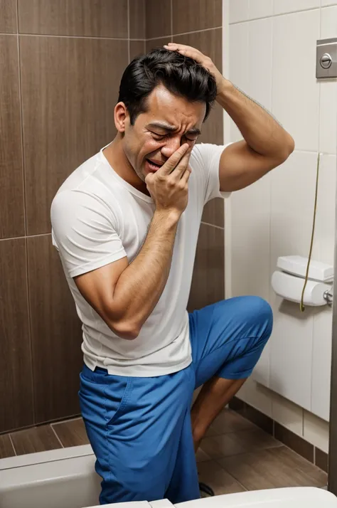 A funny man crying in a toilet