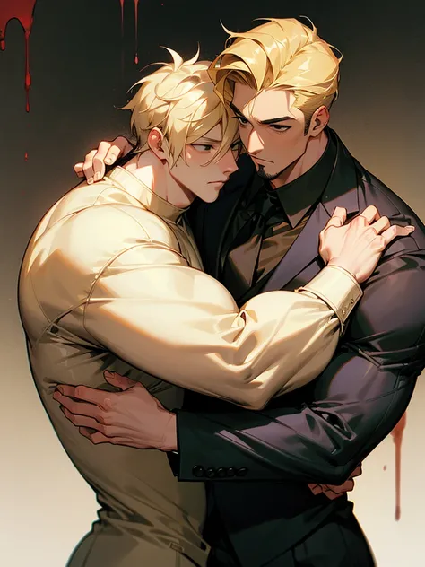 A man, handsome face, big and muscular body, blonde hair, blonde eyes, being hugged by another person, handsome face, thin body, black hair, black eyes, mouth full of blood, Suit covered in blood