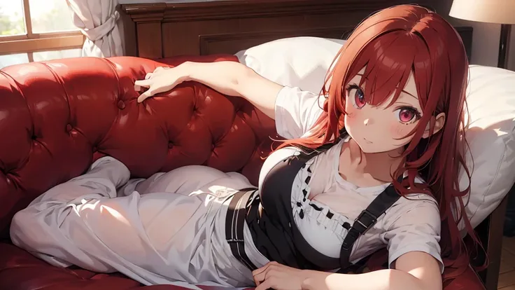 1 girl, ((realistic proportions)) , red hair, girl main focus, couch, stroking hair, stroking head, lying down, taking care of, motherly, mature, long hair, wavy hair, apron bigger eyes, (detail eyes), looking camera