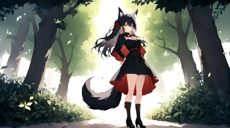 (1girl, Masterpiece, best quality) (detailed and beautiful eyes:1.6) (perfect hands, perfect anatomy) ((full body)) ((Adult)) fox-girl Misaki has ((short black hair styled in a slightly tousled manner and her fox ears are perked up attentively.)) (She wear...