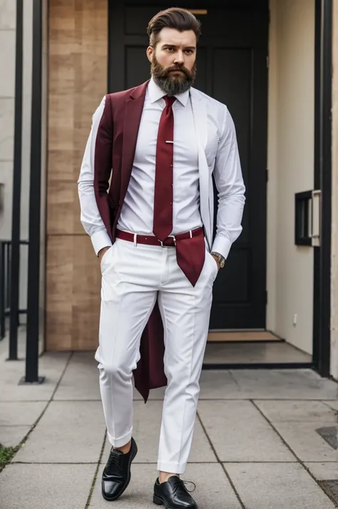 Bearded man, three-quarter white shirt, red wine tie, white pants and black shoes