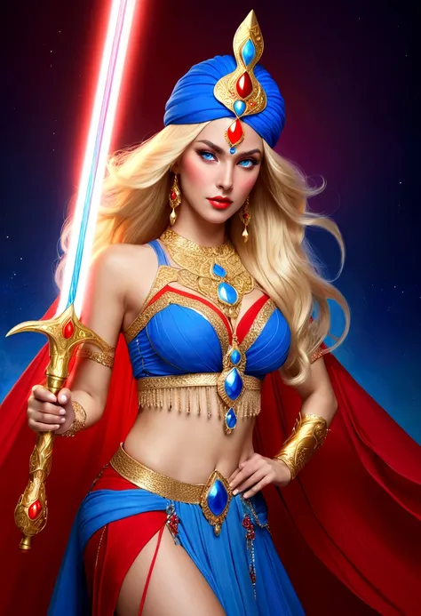 She-Ra with blue turban headdress，She&#39;s wearing a belly dancing skirt，Golden boots，。Long blond hair，blue eyes and red lips。 She holds a laser sword， A red veil covers her face