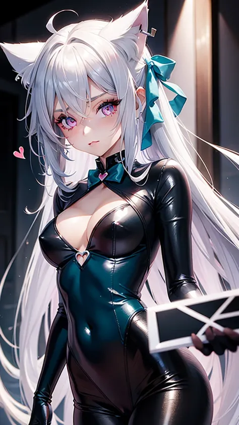 Silver hair, pink eyes, body, cat ears, sexy girl, earrings, heart background fantasy, teal blue uniform, hair bow