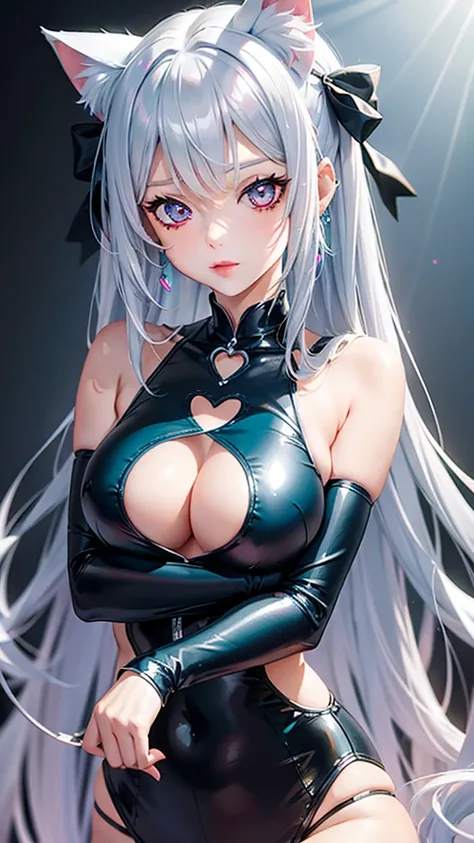 Silver hair, pink eyes, body, cat ears, sexy girl, earrings, heart background fantasy, teal blue uniform, hair bow