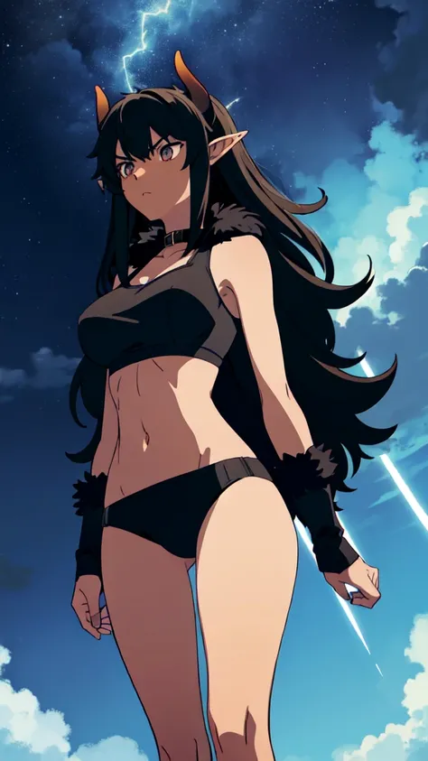 ((1girl,solo,mature female,tall)),big breasts,long hair, black hair,serious,horns,elf ears,black scarf,(dark skin),((midriff,black sports bra,neck fur)),(walking,night sky,night,thunder,lightnings,thunder clouds),from below,