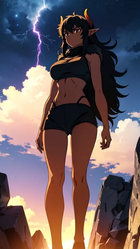 ((1girl,solo,mature female,tall)),big breasts,long hair, black hair,serious,horns,elf ears,black scarf,(dark skin),((midriff,black sports bra,neck fur)),(walking,night sky,night,thunder,lightnings,thunder clouds),from below,