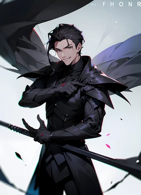 1 , handsome fashion hair,dark hair highlightwhite, fanstasy, smile face, male ,fantasy, reaper, hunter with blackshortsword, villian face, black armor , darkness wolrd, bad