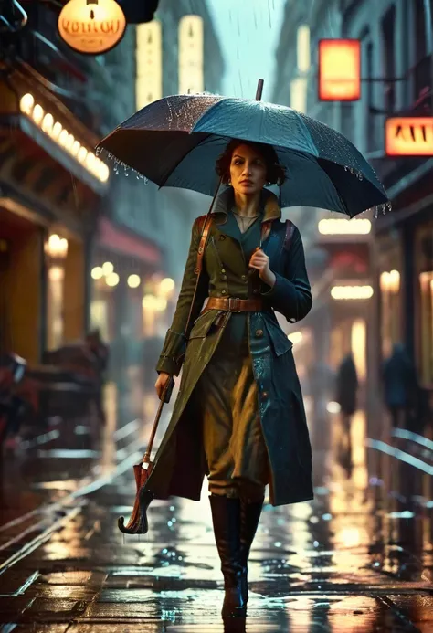 A detailed steampunk inspired illustration of ((a woman with an umbrella in her hand:1.6)), ((rainy day, street with puddles of water, heavy rain, wet clothes, skin texture, with water drops:1.5)), (Best Quality, 4k, 8k, high resolution, Masterpiece: 1.2),...