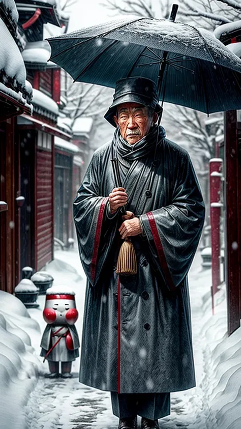 In the snow、Old man holding an umbrella、Giving your umbrella to Jizo