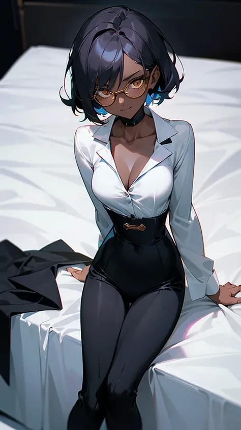 1 Female, adult, dark skinned women, long white short hair, hair over the ears, golden eyes, glasses, black business suit, black tailored jacket, white shirt, black pantsuit, off shoulder, malicious smile, sharp eye, (collarbone), sitting, on bed,