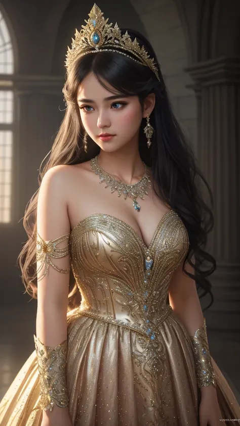 beautiful teenage girl Wear a fantasy style evening gown. wearing a luxury diamond necklace standing on liberty island perfect light Perfect composition Beauty Masterpiece Award winning Artstation 8 k Artgerm Mucha Dim volumetric lighting Octane 18 k Beaut...