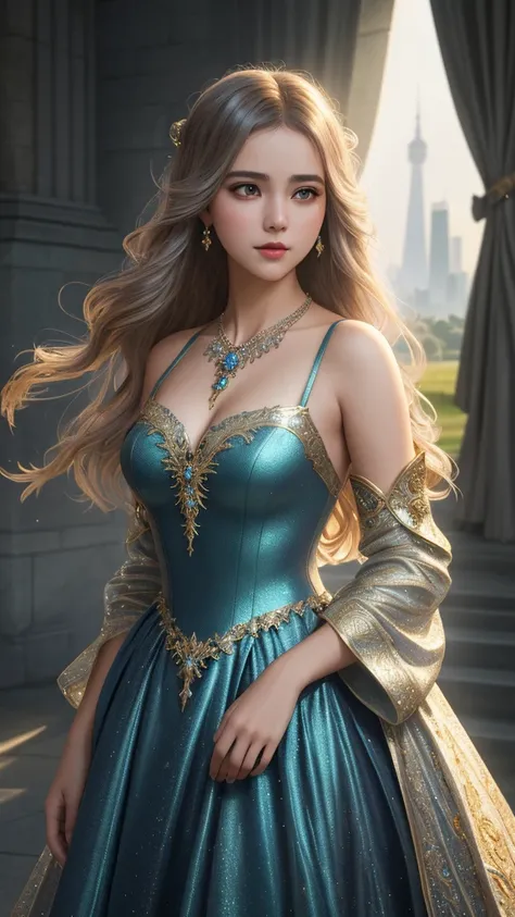 beautiful teenage girl Wear a fantasy style evening gown. wearing a luxury diamond necklace standing on liberty island perfect light Perfect composition Beauty Masterpiece Award winning Artstation 8 k Artgerm Mucha Dim volumetric lighting Octane 18 k Beaut...