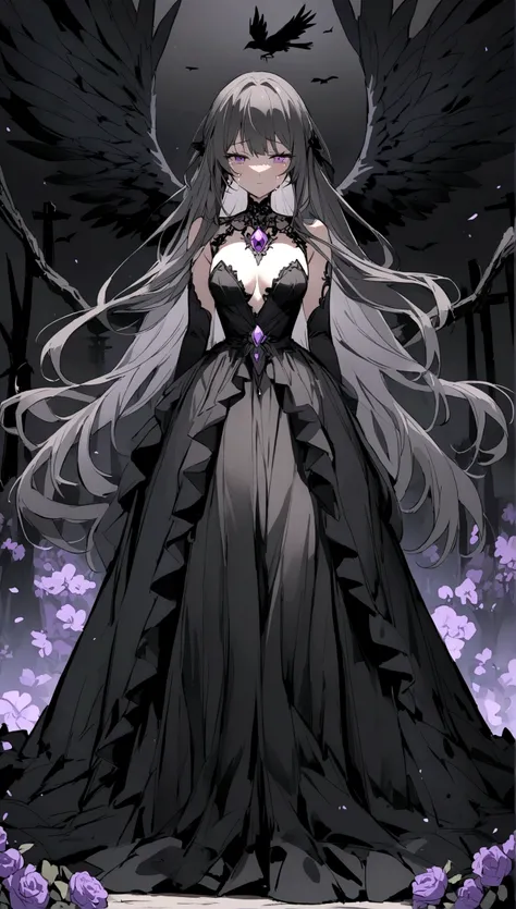 A beautiful anime-style girl with long hair and a purple flower、Face of Sadness、Tears、Sharp（B99、W55、H68）A beautiful girl with a glamorous body、A beautiful immoral girl in a provocative black and grey dress、Full Body Shot、Crow、Undead、chaoystery、graveyard of...