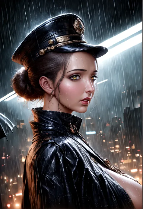 a female version of inspector gadget, cute sexy inspector 2 piece outfit, detective hat that has opened at the top and extended a robot arm holding an umbrella, downpour rain, new york, (best quality,4k,8k,highres,masterpiece:1.2),ultra-detailed,(realistic...