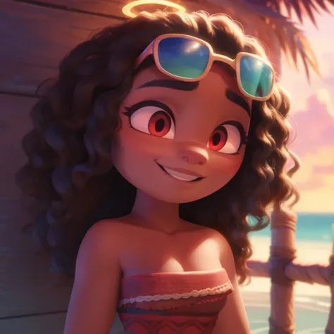 Moana, strapless tight dress, cleavage, curly hair, halo, sunglasses, jewelry, red eyes, longeyelashes, red eyes, smile, shy, blush, high detail, masterpiece, UHD, anatomically correct, super detail, highres, 4K