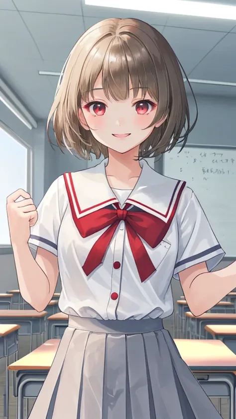 One female middle school student，Short-sleeved white sheer school uniform，Gray skirt，light brown short hair，Big ，Face red，Smile，Sunlight，Inside the classroom，Chest button fight，Expose