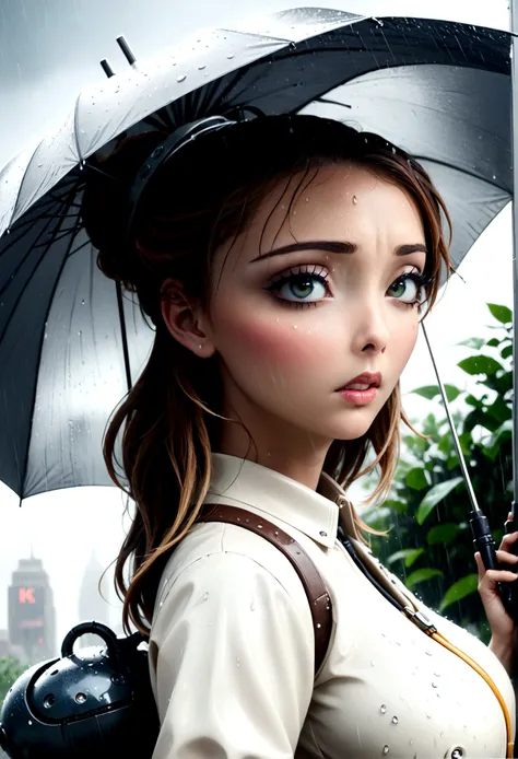 a female version of inspector gadget, cute sexy inspector 2 piece outfit, detective hat that has opened at the top and extended a robot arm holding an umbrella, downpour rain, new york, (best quality,4k,8k,highres,masterpiece:1.2),ultra-detailed,(realistic...